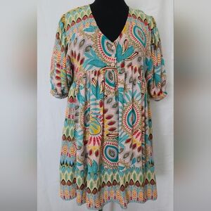 Umgee Pink Paisley Midi Dress with Teal & Yellow Accents